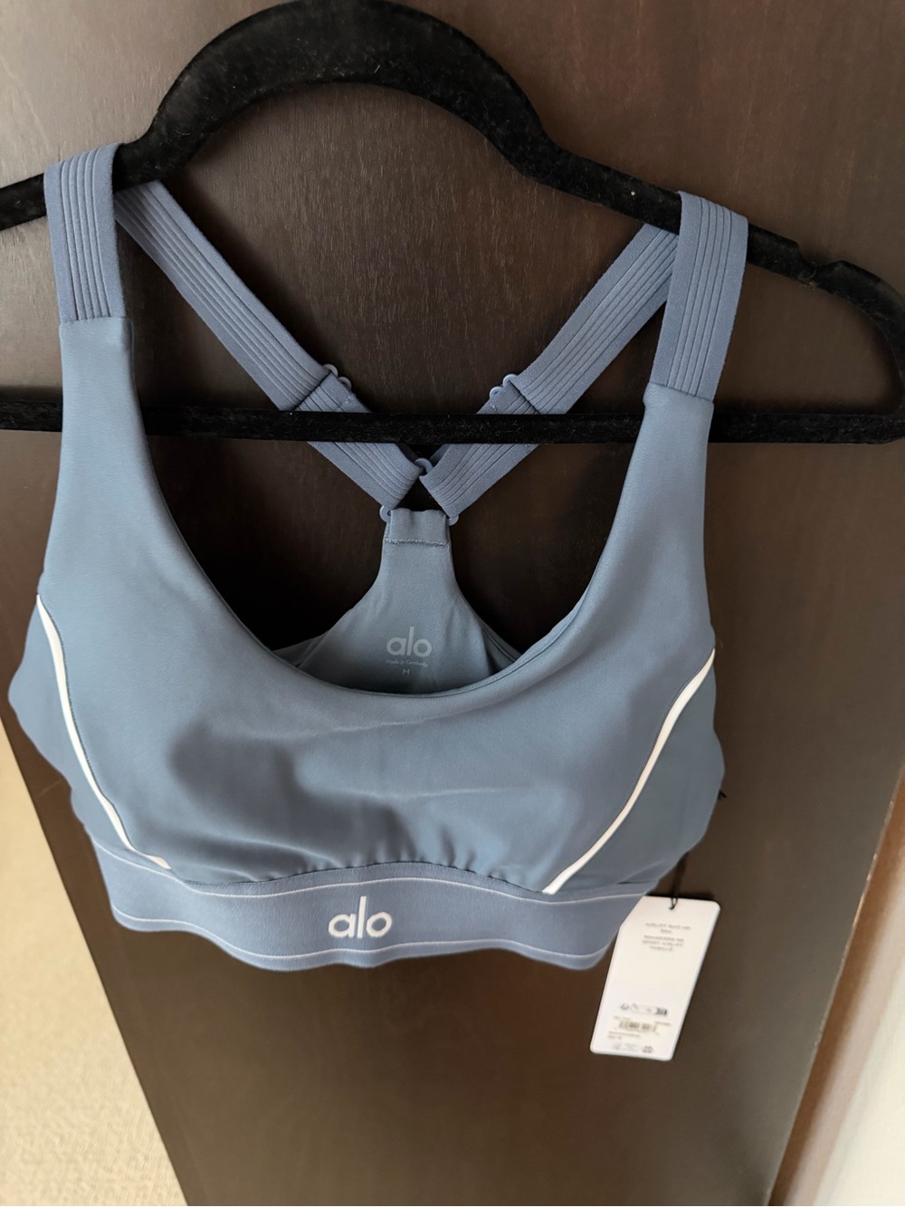 ALO Yoga Airlift Suit Up Sports Bra Bluestone with White Trim - Picture 2 of 5